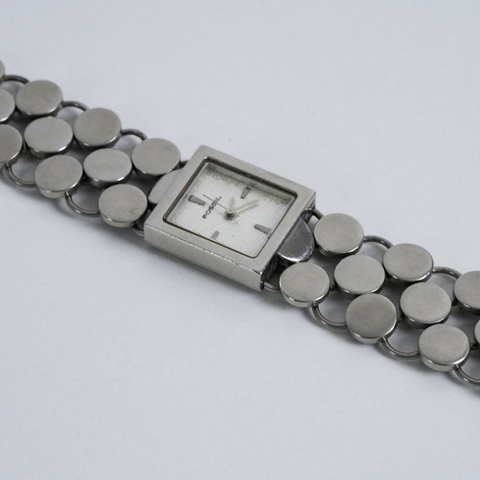 Vintage Fossil Silver Tone Bracelet Watch / Minimalist Square Dial Watch