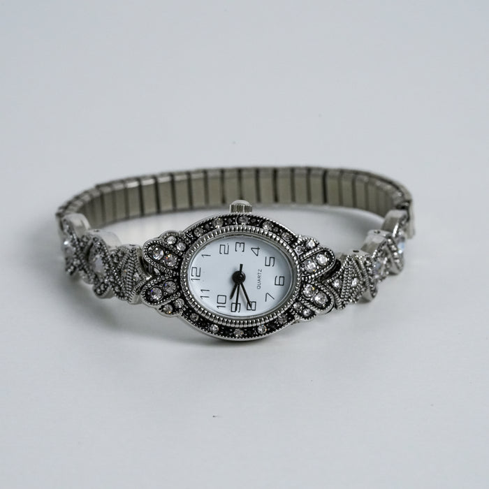 Vintage Silver Tone Rhinestone Bracelet Watch / Elegant Stretch Band Watch