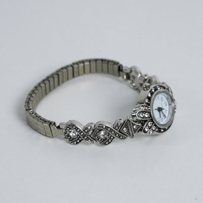 Vintage Silver Tone Rhinestone Bracelet Watch / Elegant Stretch Band Watch