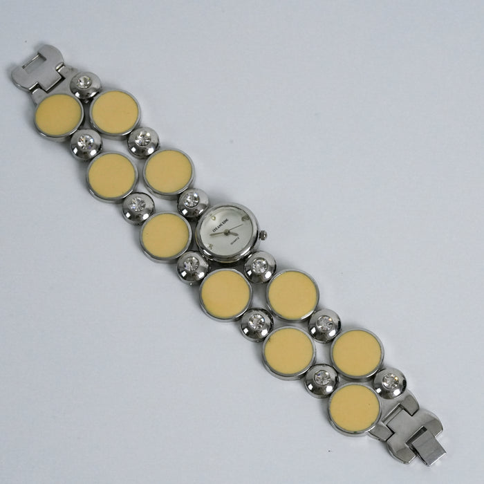 Vintage Y2K Cream Disc Bracelet Watch / Rhinestone Accent Fashion Watch
