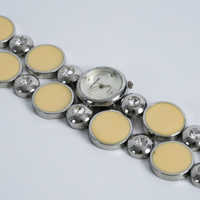Vintage Y2K Cream Disc Bracelet Watch / Rhinestone Accent Fashion Watch