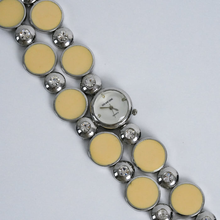 Vintage Y2K Cream Disc Bracelet Watch / Rhinestone Accent Fashion Watch