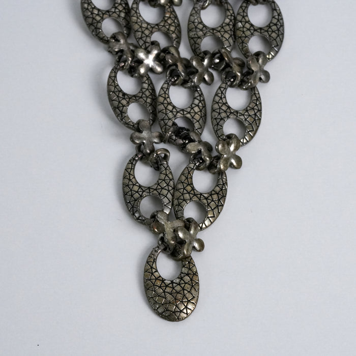 Vintage Silver Tone Floral Link Statement Layered Bib Necklace