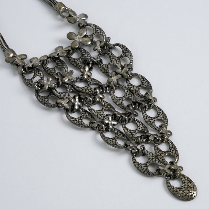 Vintage Silver Tone Floral Link Statement Layered Bib Necklace