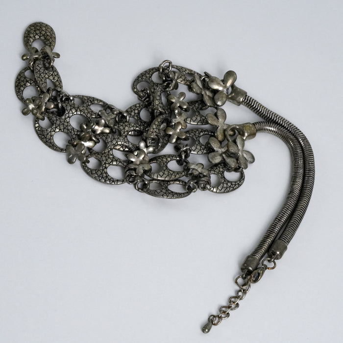 Vintage Silver Tone Floral Link Statement Layered Bib Necklace