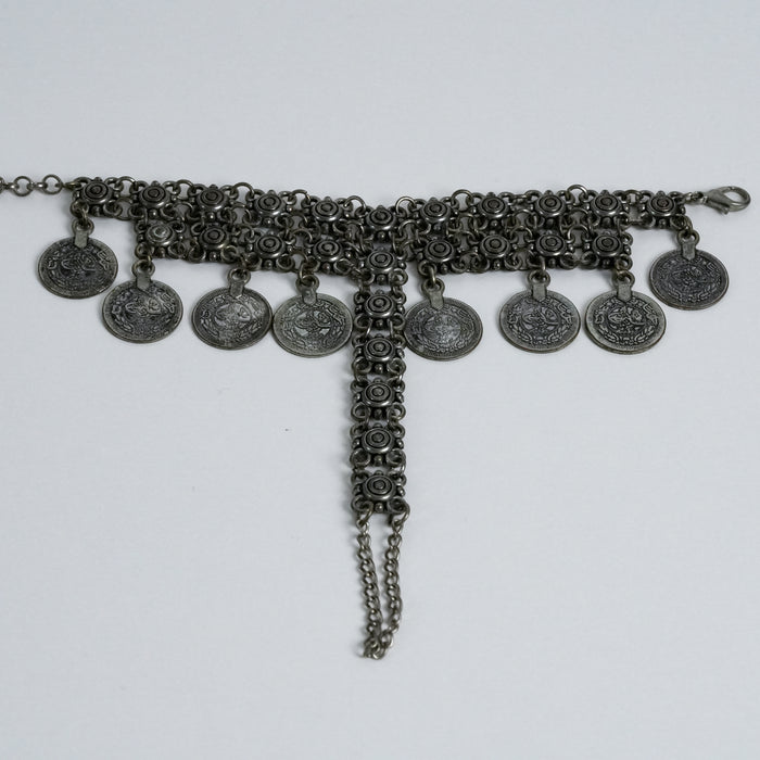 Vintage Silver Tone Coin Charm Hand Chain Bracelet / Tribal Boho Statement