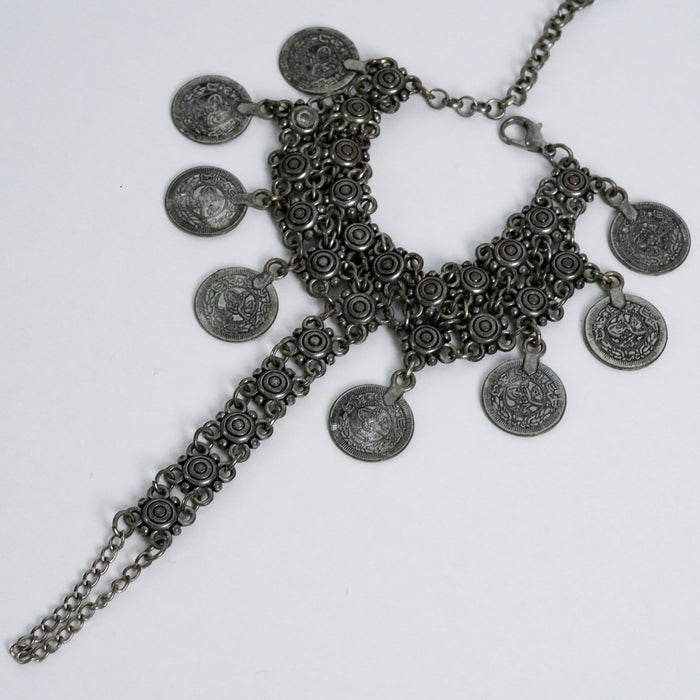 Vintage Silver Tone Coin Charm Hand Chain Bracelet / Tribal Boho Statement