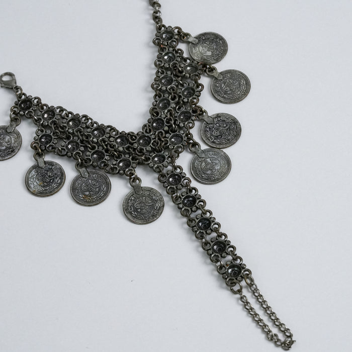 Vintage Silver Tone Coin Charm Hand Chain Bracelet / Tribal Boho Statement