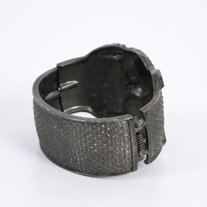 Vintage Owl Wide Cuff Bracelet | Textured Silver Tone Hinged Bangle | Statement Animal Jewelry