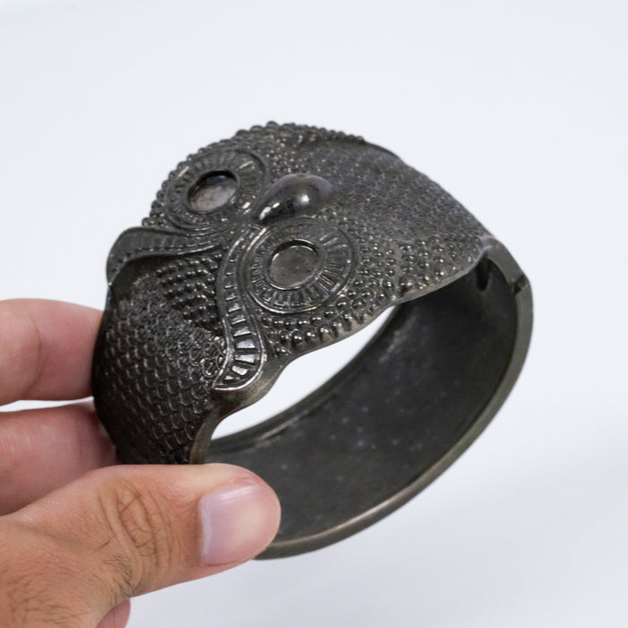Vintage Owl Wide Cuff Bracelet | Textured Silver Tone Hinged Bangle | Statement Animal Jewelry