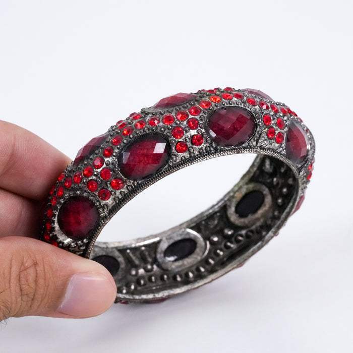 Vintage Red Crystal Hinged Bangle | Statement Rhinestone Cuff Bracelet | Antique Silver Tone Bracelet