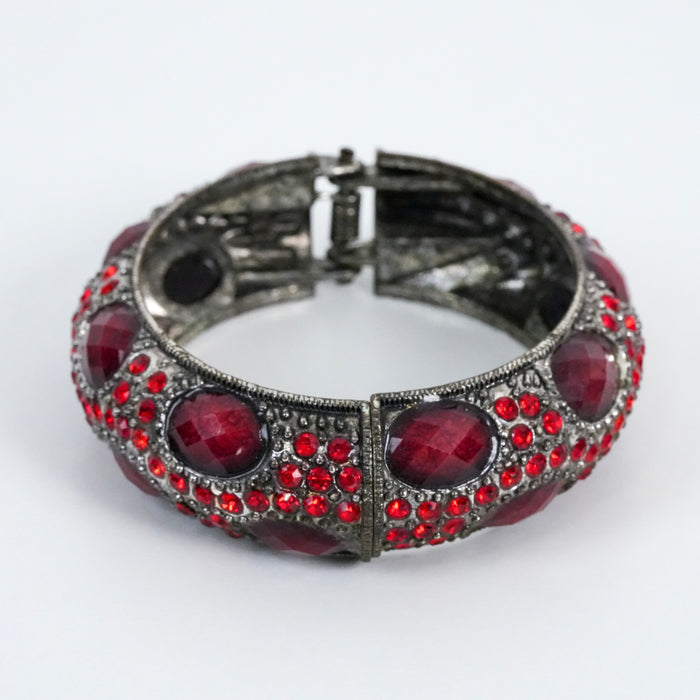 Vintage Red Crystal Hinged Bangle | Statement Rhinestone Cuff Bracelet | Antique Silver Tone Bracelet