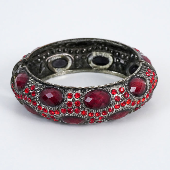 Vintage Red Crystal Hinged Bangle | Statement Rhinestone Cuff Bracelet | Antique Silver Tone Bracelet