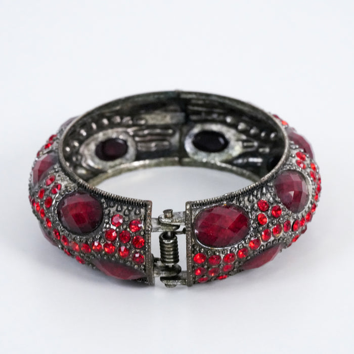 Vintage Red Crystal Hinged Bangle | Statement Rhinestone Cuff Bracelet | Antique Silver Tone Bracelet