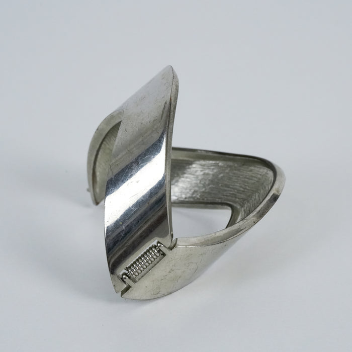 Vintage Modernist Silver Tone Hinged Cuff Bracelet | Minimalist Wide Bangle | Sculptural Statement Jewelry