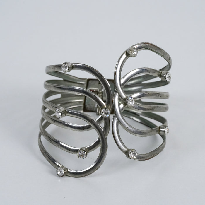 Vintage Silver Tone Rhinestone Cuff Bracelet | Openwork Hinged Bangle | Modern Statement Bracelet