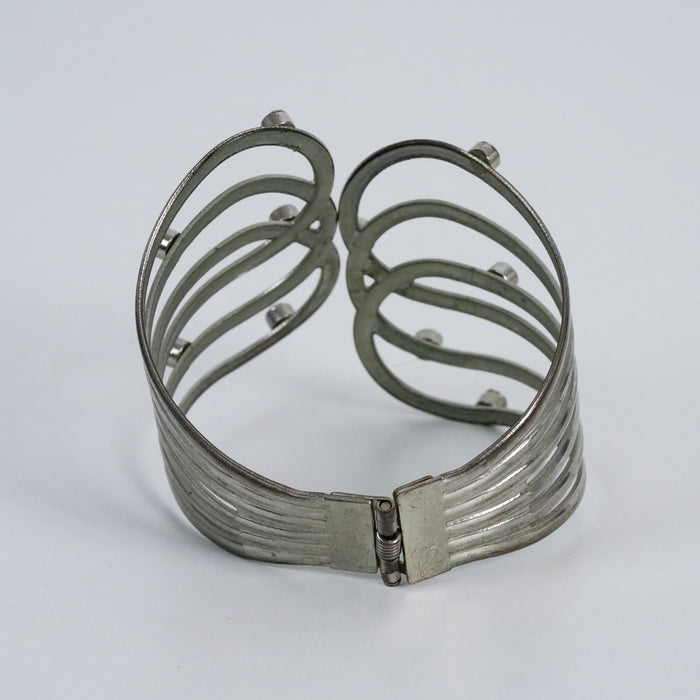 Vintage Silver Tone Rhinestone Cuff Bracelet | Openwork Hinged Bangle | Modern Statement Bracelet