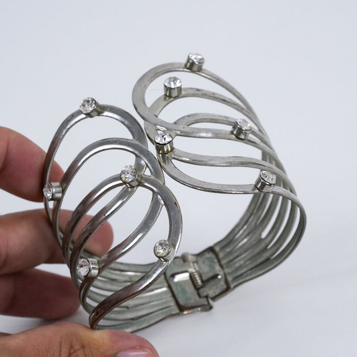 Vintage Silver Tone Rhinestone Cuff Bracelet | Openwork Hinged Bangle | Modern Statement Bracelet
