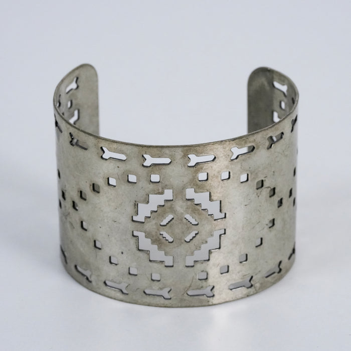 Vintage Cutout Wide Cuff Bracelet | Geometric Silver Tone Bangle | Tribal Statement Jewelry