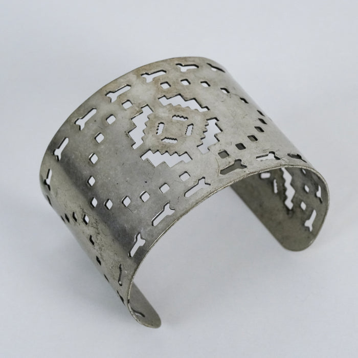 Vintage Cutout Wide Cuff Bracelet | Geometric Silver Tone Bangle | Tribal Statement Jewelry
