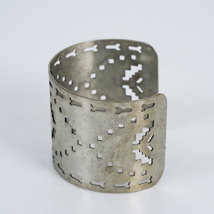 Vintage Cutout Wide Cuff Bracelet | Geometric Silver Tone Bangle | Tribal Statement Jewelry