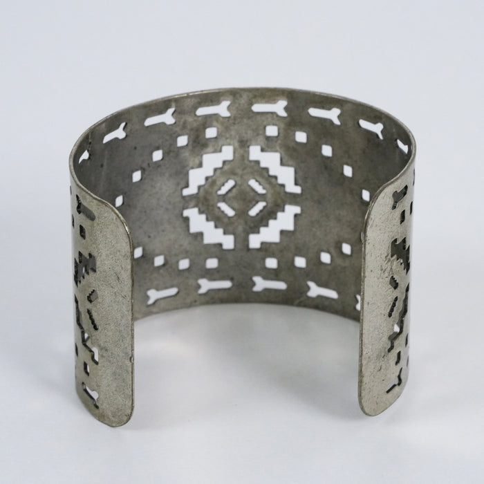 Vintage Cutout Wide Cuff Bracelet | Geometric Silver Tone Bangle | Tribal Statement Jewelry