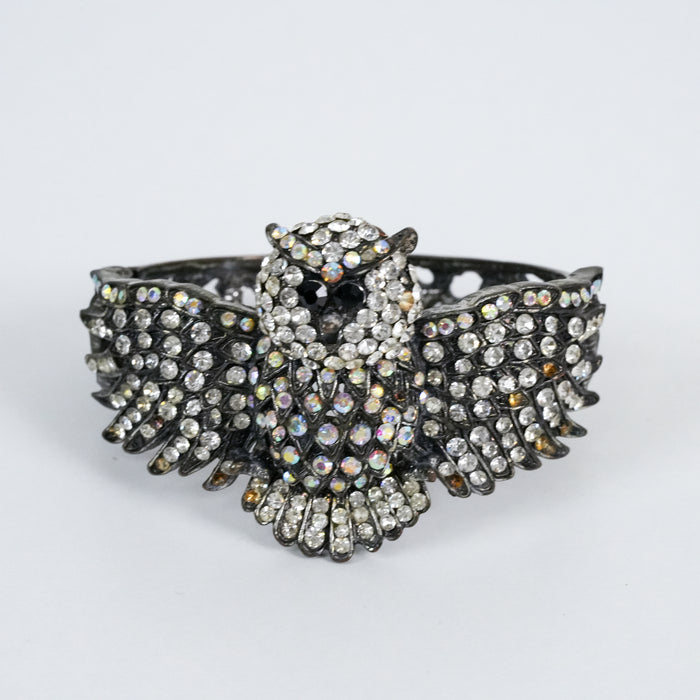 Vintage Rhinestone Owl Cuff Bracelet | Crystal Owl Statement Bangle | Antique Silver Tone Animal Jewelry