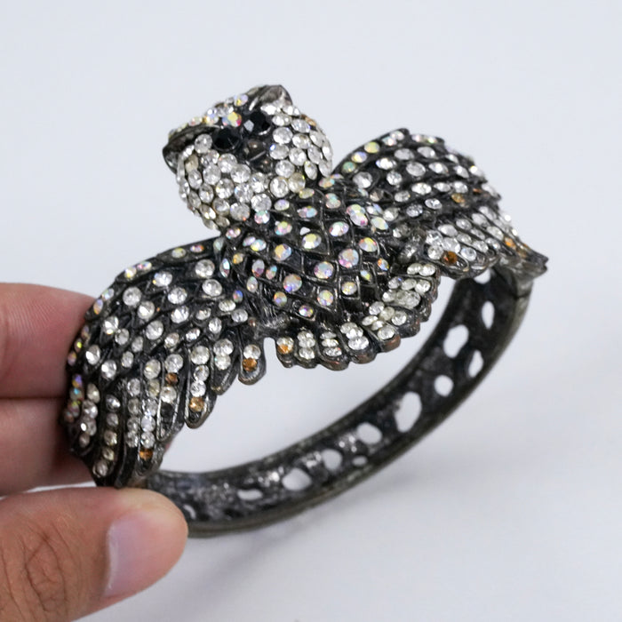 Vintage Rhinestone Owl Cuff Bracelet | Crystal Owl Statement Bangle | Antique Silver Tone Animal Jewelry