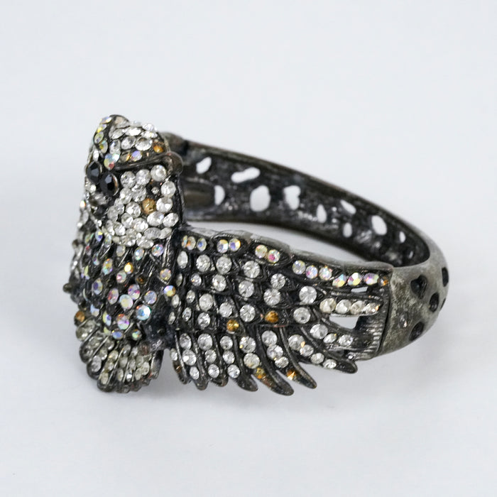 Vintage Rhinestone Owl Cuff Bracelet | Crystal Owl Statement Bangle | Antique Silver Tone Animal Jewelry