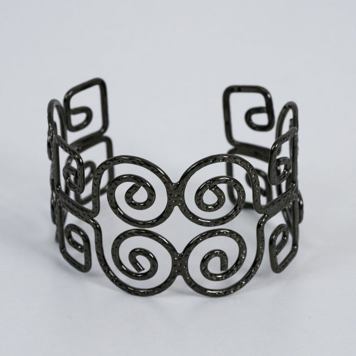 Vintage Black Scroll Cuff Bracelet | Openwork Filigree Statement Bangle | Modern Geometric Jewelry