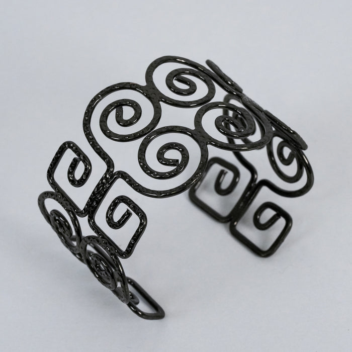 Vintage Black Scroll Cuff Bracelet | Openwork Filigree Statement Bangle | Modern Geometric Jewelry