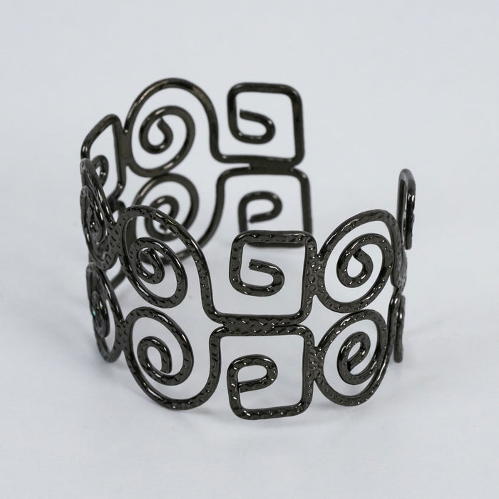 Vintage Black Scroll Cuff Bracelet | Openwork Filigree Statement Bangle | Modern Geometric Jewelry