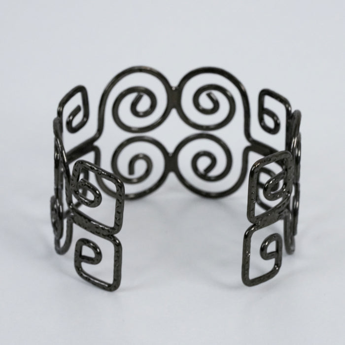 Vintage Black Scroll Cuff Bracelet | Openwork Filigree Statement Bangle | Modern Geometric Jewelry