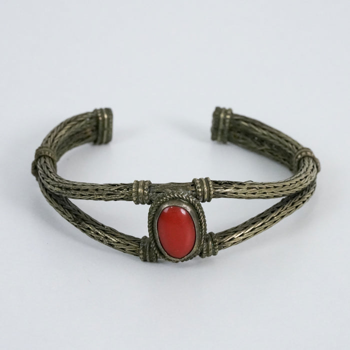 Vintage Braided Silver Tone Cuff Bracelet | Red Cabochon Statement Bangle | Boho Tribal Jewelry
