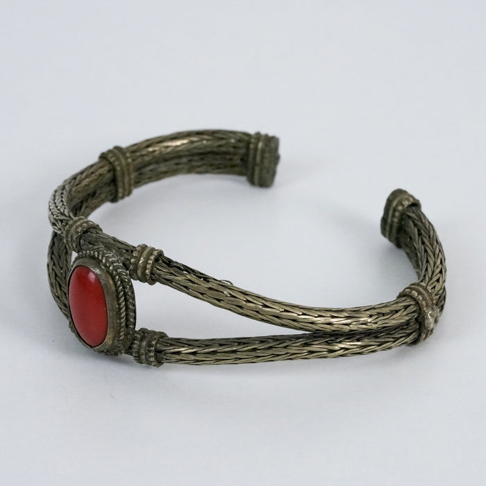 Vintage Braided Silver Tone Cuff Bracelet | Red Cabochon Statement Bangle | Boho Tribal Jewelry