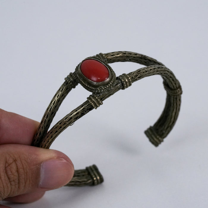 Vintage Braided Silver Tone Cuff Bracelet | Red Cabochon Statement Bangle | Boho Tribal Jewelry