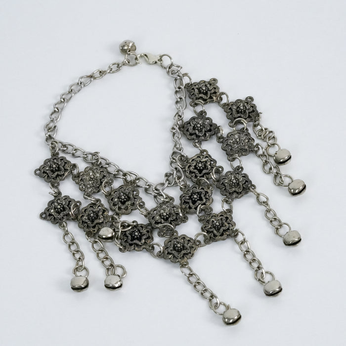 Vintage Silver Floral Dangle Bib Link Bracelet