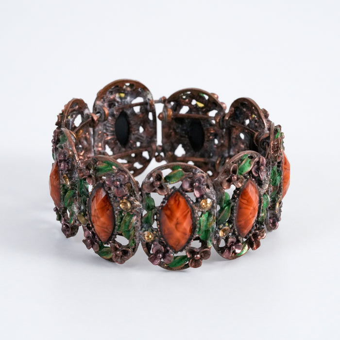 Vintage Oragne Stretch Bracelet, Enamel & Cabochon Statement Bracelet