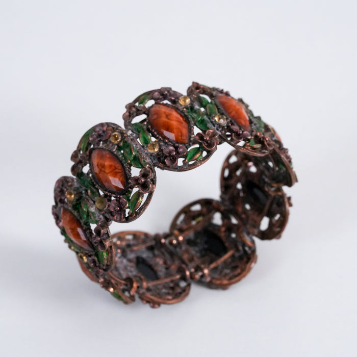 Vintage Oragne Stretch Bracelet, Enamel & Cabochon Statement Bracelet