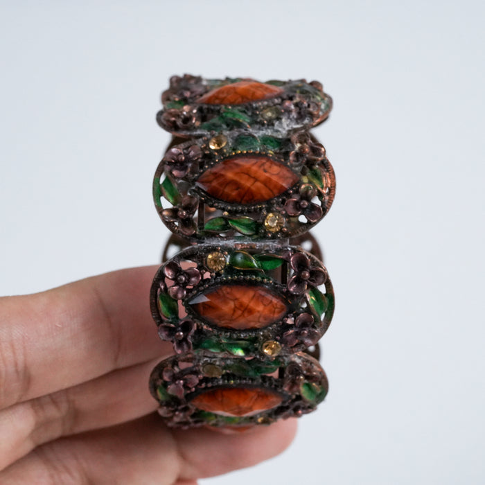 Vintage Oragne Stretch Bracelet, Enamel & Cabochon Statement Bracelet