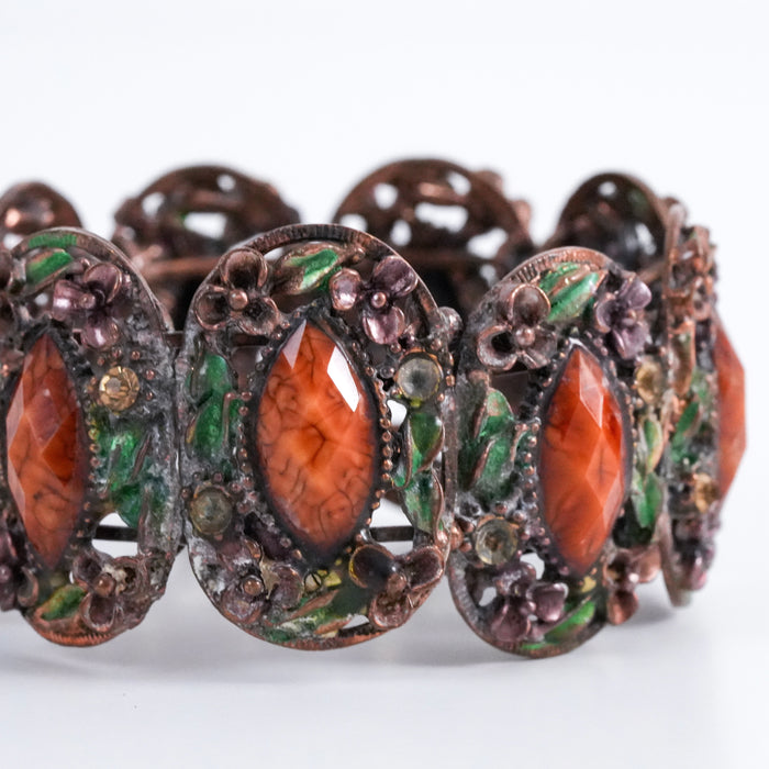 Vintage Oragne Stretch Bracelet, Enamel & Cabochon Statement Bracelet