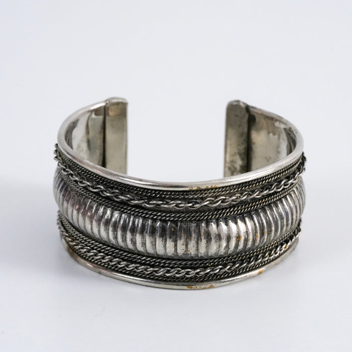 Vintage Silver Tone Wide Cuff Bracelet, Tribal Boho Statement Jewelry
