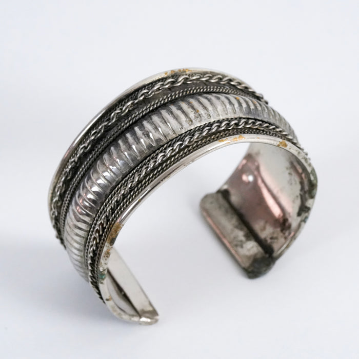 Vintage Silver Tone Wide Cuff Bracelet, Tribal Boho Statement Jewelry