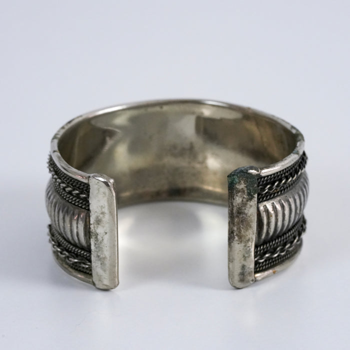 Vintage Silver Tone Wide Cuff Bracelet, Tribal Boho Statement Jewelry