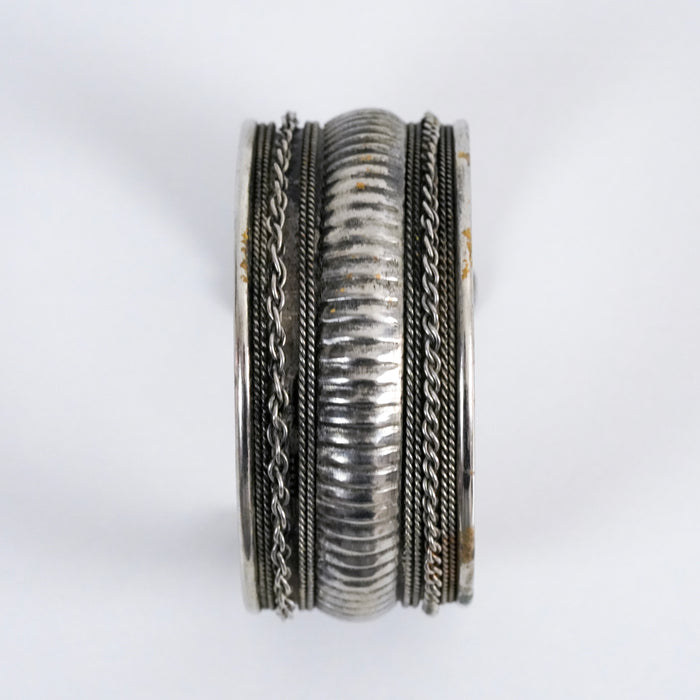 Vintage Silver Tone Wide Cuff Bracelet, Tribal Boho Statement Jewelry
