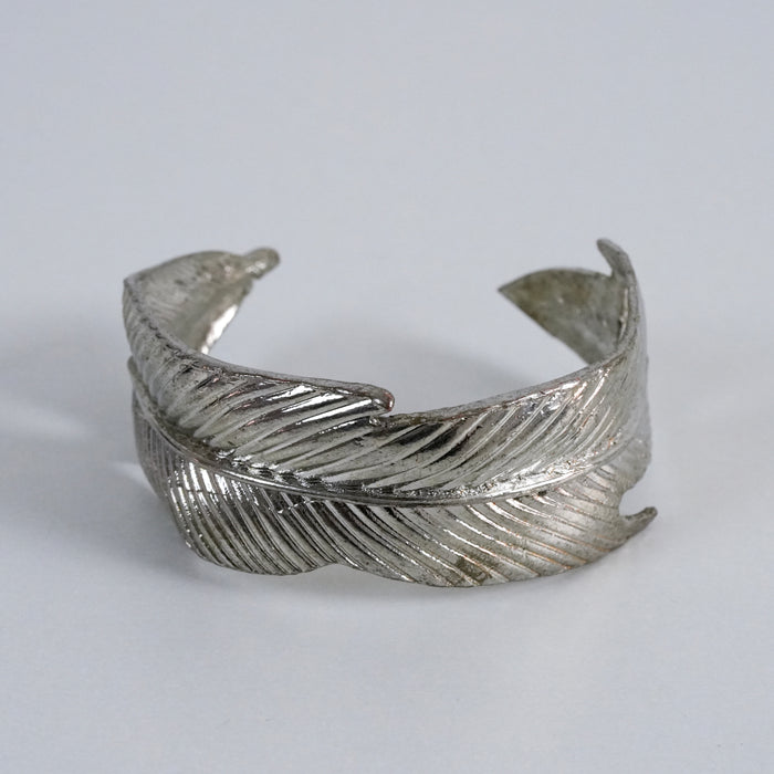 Vintage Silver Tone Feather Cuff Bracelet, Layered Leaf Open Bangle
