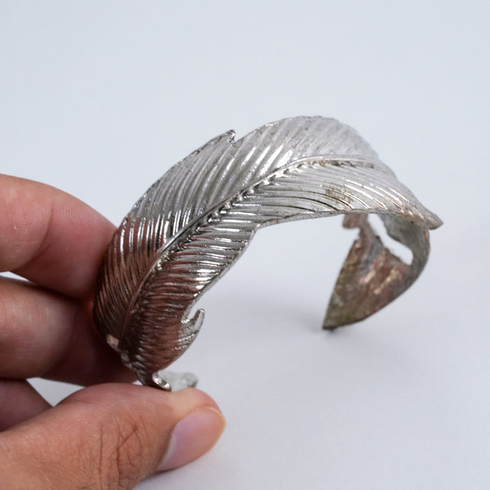 Vintage Silver Tone Feather Cuff Bracelet, Layered Leaf Open Bangle