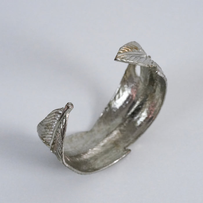 Vintage Silver Tone Feather Cuff Bracelet, Layered Leaf Open Bangle