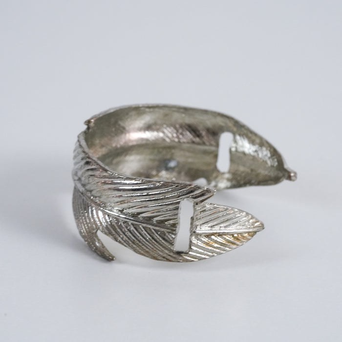 Vintage Silver Tone Feather Cuff Bracelet, Layered Leaf Open Bangle
