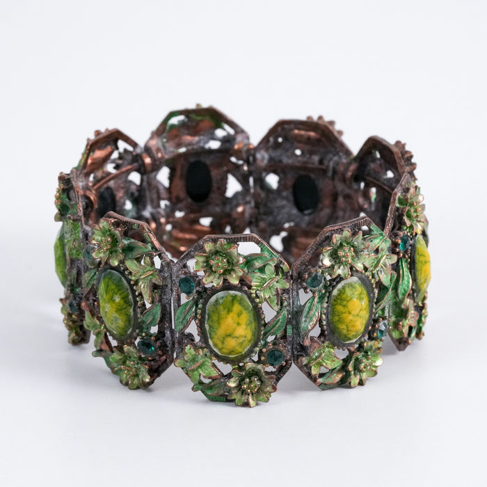 Vintage Green Floral Stretch Bracelet, Enamel & Cabochon Statement Bracelet